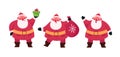 Set of funny happy Santa Claus character with gift, bag with presents, waving and greeting. Christmas flat cartoon vector Royalty Free Stock Photo