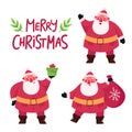 Set of funny happy Santa Claus character with gift, bag with presents, waving and greeting. Flat cartoon vector illustrations with Royalty Free Stock Photo