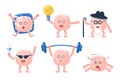 Flat vector set of funny humanized brains with arms and legs in different actions. Human internal organ. Stickers for