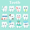 Set of funny icons of teeth. Vector illustration on a blue background. Concept of children s dentistry. Excellent dental