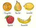 A set of funny illustrations of cats and fruits in different poses