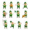 Set of funny Irish fantastic character, leprechaun in different poses.