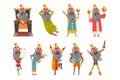 Set of funny king in various clothes. Cartoon character of old bearded man wearing gold crown. Ruler of kingdom. Flat