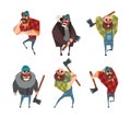 Set of funny lumberjacks holding axes. Loggers or woodcutters male characters cartoon vector illustration