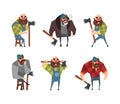 Set of funny lumberjacks holding axes. Powerful loggers or woodcutters male characters cartoon vector illustration