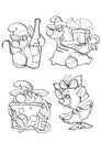 Set of funny mice drawn in outline, they are going to celebrate the New Year holiday, dance, drink, give and receive