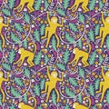 Set of funny monkeys in different poses in the jungle. Vector seamless pattern for your animal fabric design. Royalty Free Stock Photo