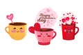 Set of funny mugs in vector. Hot chocolate, coffee, cocoa or tea with pink and red hearts. Banner or greeting card for Valentine s Royalty Free Stock Photo