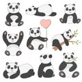 Set of funny panda bears cartoon style hand drawn