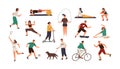 Set of funny people performing sports activities, fitness workout or playing games. Bundle of training or exercising men Royalty Free Stock Photo