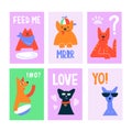 Set of funny postcards with different hand drawn cats. Family of cartoon pets. Types of cats: cool, cute, hungry, cheeky, humorous