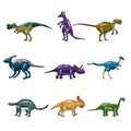 Set funny prehistoric dinosaurus Tyrannosaurus, Triceratops, Stegosaurus, Brontosaurus. Collection ancient wild monsters