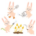 Set funny rabbits. Cute characters farmers - bunny waters from garden watering can and from hose, harvests grain