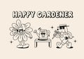 Set of Funny Retro Illustration. Cute Characters in Groovy Vintage Style. Garden, Gardener and Gardening Vector