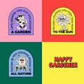 Set of Funny Retro Illustration of Gardener, Daisy Flower and Watering Can with Quotes. Vector Characters in Groovy