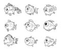 Set of Funny round fish. Cartoon animal character. Underwater world. Outline sketch. Hand drawing is isolated on a white Royalty Free Stock Photo