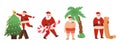 Set of Funny Santa Claus Character, Winter Holiday Personage in Traditional Red Costume Decorate Tree, Relax on Beach