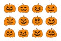 Set funny and scary pumpkins with faces, isolated on white background. Halloween silhouettes orange pumpkin character Royalty Free Stock Photo