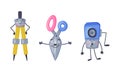 Set of funny school supplies characters. Compass tool, scissors, pencil, sharpener stationery mascots with cute faces