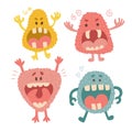Set of funny screaming Monsters with big open mouths and big teeth. Cute beast childish characters. Flat hand drawn