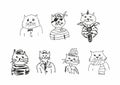 Set of funny sketches of cats. Imitation of children`s drawings. Sketchy, scribble. Vector illustration.