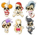 Set of funny skulls. Different cartoon characters. Isolated on white background