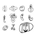 Set of funny smiling fruits with eyes in doodle style. Outline. Royalty Free Stock Photo