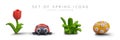 Set of funny spring objects in cartoon style. Red tulip, ladybug, green grass, decorated egg