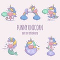 A set of funny stickers with cute magic unicorns. Collection of illustrations in cartoon style. Icons with white stroke Royalty Free Stock Photo