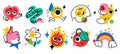 Set of funny Stickers, Patches, pins, stamps. Different cute comic Characters