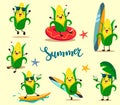 Set of funny summer corn in a cartoon style kawaii.