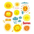 Set Of Funny Sun Characters With Human Faces And Lettering.