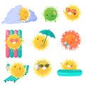 Set of funny sun icon vector illustration with different emotions Royalty Free Stock Photo