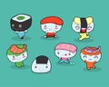 Set of Funny sushi characters. Happy cartoon sushi characters. kawaii sushi , Tasty japanese food set. Asian food vector