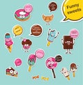 Set of funny sweets. Cartoon face food emoji. Funny food concept.