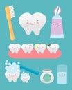 Set of funny teeth consisting toothpaste, toothbrush, tooth, dental floss, mouthwash , on background.Vector illustration Royalty Free Stock Photo