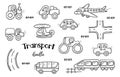 Set of funny transport in doodle sketch. Cartoon childish line art. Hand drawn vector illustration isolated on white