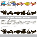 Set of funny vehicles. Find correct shadow.