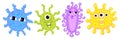 Set of funny viris and bacteria. Unicellular illustration for little children. Illustrations with germs for children s books. Flat