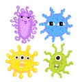 Set of funny viris and bacteria. Unicellular illustration for little children. Illustrations with germs for children s books. Flat