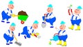Set of funny workers with different garden tools.