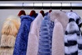 Set of fur coats on metal rack Royalty Free Stock Photo