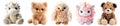 Set of fur plush stuffed animal toy on transparent background cutout, PNG file. Many assorted