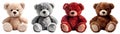 Set of fur plush stuffed teddy bear, beige, red, brown, grey on transparent background cutout, PNG file. Many assorted