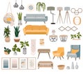 A set of furniture and decor elements. Collection of interior items for a cozy isolated interior.