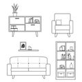 Set of furniture and home decor for living room including sofa, armchair, and bookcase. Lineart design.