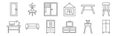 Set of 12 furniture icons. outline thin line icons such as wardrobe, cabinet, couch, table, window, flowerpot Royalty Free Stock Photo