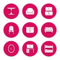 Set Furniture nightstand, TV table, Bunk bed, Sofa, Mirror, Dressing, and Round icon. Vector