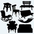 Set of furniture: rocking chair, stool, sofa, bench and hammock Royalty Free Stock Photo