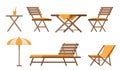 Set of furniture for summer patio. Restaurant or cafe wooden table, chairs, deck chair and umbrella for beach holiday. Royalty Free Stock Photo